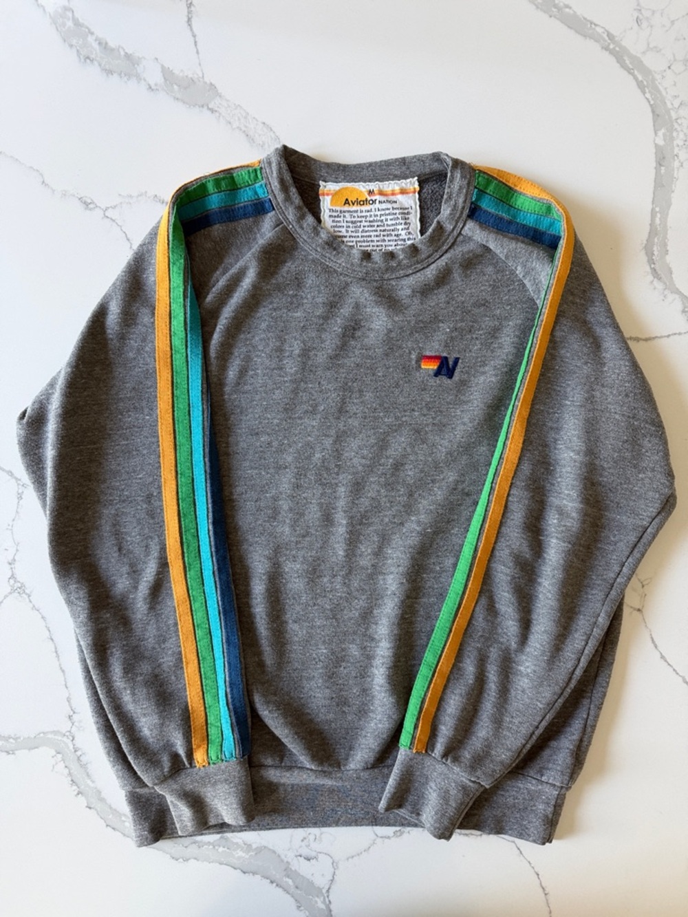 Aviator Nation Gray Crewneck Sweatshirt w/ Green, Blue & Yellow Stripes, Men’s M